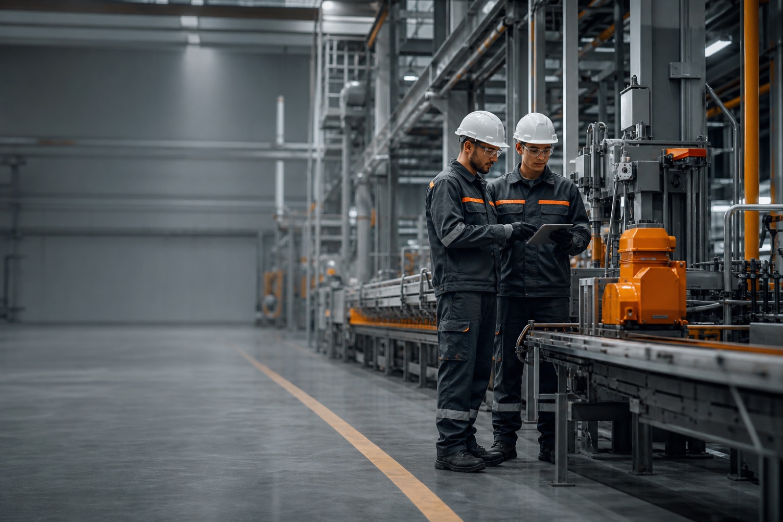 Industrial maintenance team reviewing production equipment in a clean facility